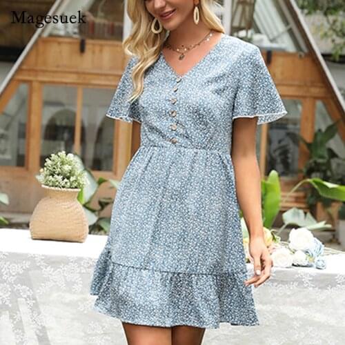 Chiffon Summer 2021 New European Women Short Sleeve Dress Ruffle Blue Flower V-neck Dress Elegant High Waist Dress Vestido 14970