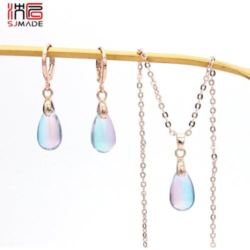 SJMADE Japanese South Korean Colorful Glass Water Drop Dangle Earrings Pendant necklace Jewelry Sets For Women Party Jewelry