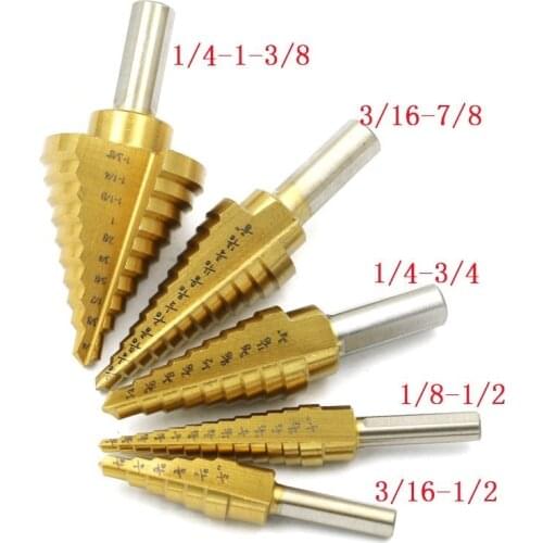 High Quality 5PCS Inch Triangular handle Step drill set Titanium Coated HSS 4241 Cone Pagoda drill Bit for Woodworking tools