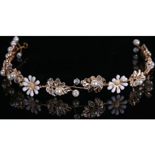SLBRIDAL Baroque White Flower Gold Leaf Pearls Crystals Wedding Headband Bridal Hair Vine Hair Accessories Bridesmaids Women
