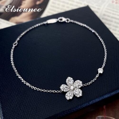 ELSIEUNEE 100% 925 Sterling Silver Wedding Simulated Moissanite Diamond Flower Bracelets Women 18K Gold Plated Fine Jewelry Gift