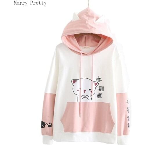 Womens Cartoon Cat Print Hooded Cotton Sweatshirt With Ears On Hood Hoodies Tracksuit 2020 Spring Long Sleeve Pocket Pullovers