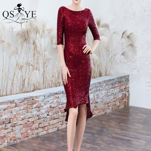 Burgundy Short Evening Dresses Long Sleeves Scoop Neck Prom Gown Fit Women Sequin Mermaid Slim Short Formal Dresses