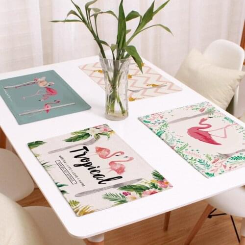 2pcs Flamingo Pattern Linen Pad Dining Table Mats Coaster Bowl Cup Mat Pattern Kitchen Placemat 45*30cm Home Decor