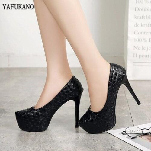 Women Pumps Plus Size 34-42 Lady Shoes Black Woven Lattice Platform High Heels Shoes PU Leather 12CM Nightclub Catwalk Shoes