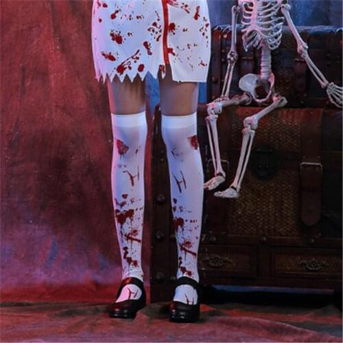 2021 Halloween Party Girls Knee High Socks Blood Print Stockings Over The Knee Thigh Bloody Nurse Sexy Horror Cosplay Stockings