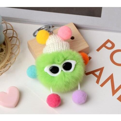 2021 Fluffy Fur Pom Pom Keychain Coal doll Keychain Fur Ball Plush KeyChain Handbag Car Key Holder Bag Pendant Toys for Kid Gift