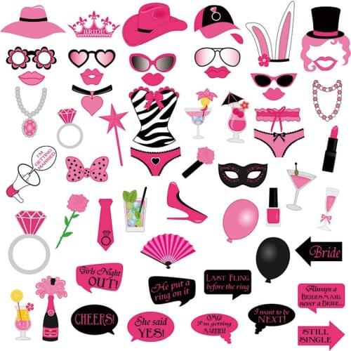 56pcs Bachelor Party Photobooth Props Hen Do Party Decorations Pink Glasses Hat Mask Booth Props for Birthday Party PZ109
