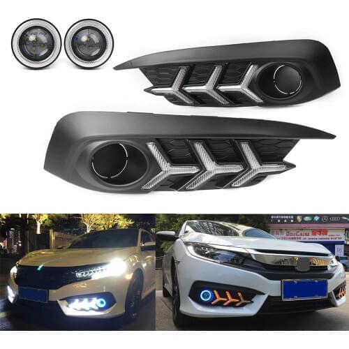 Car LED DRL Fog Light Projector+Angel Eye Kit For Honda Civic Sedan 2016 2017 2018