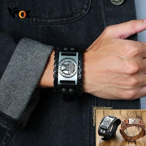 Vnox 26mm Wide Bracelets for Men Viking Icon Nordic Rune Hammer Wristband Black Brown Punk Rock Vintage Jewelry