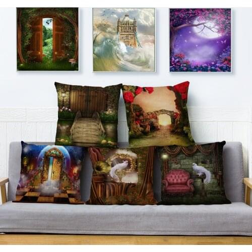 Gothic Style Magic Scenic Print Cushion Cover Beige Linen Pillowcase 45*45cm Throw Pillows Covers Sofa Home Decor Pillow Case