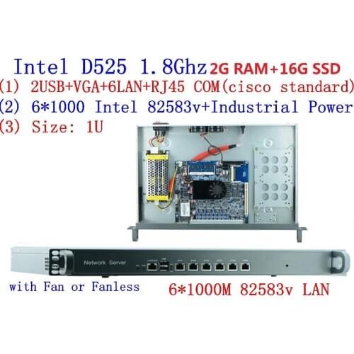 D525 1.8Ghz with PCI-E 1000M 6*82583v 1U server Ros hirouters Wayos for ros panabit hirouters firewall server RAM 2G 16G SSD