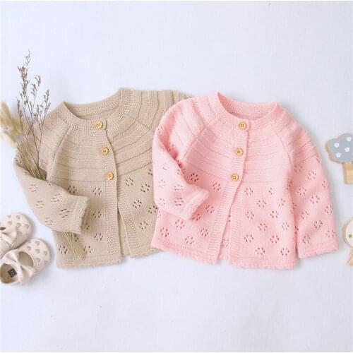 Cute Infant Baby Fall Winter Cardigan Sweaters Coat Toddler Button-Down Hollow Out Dots Flower Knitted Outerwear 0-18M