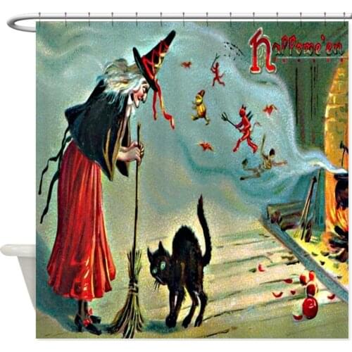 Design Vintage Halloween Witch Black Cat Decorative Fabric Shower Curtain