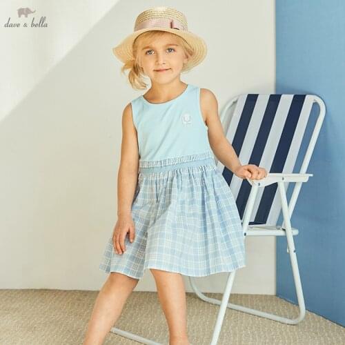 DKH17014 dave bella summer girls 5Y-13Y fashion cartoon bow print draped dress children sweet dress kids infant lolita clothes