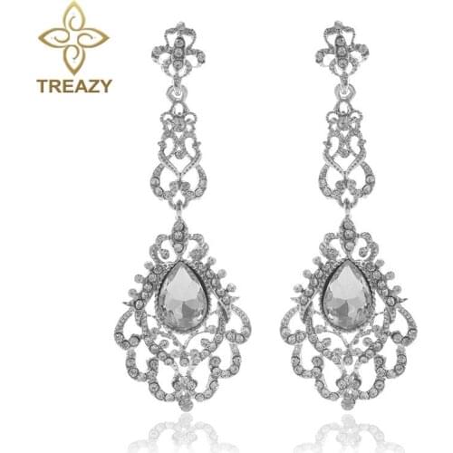 TREAZY Floral Shape Silver Color Crystal Long Dangle Drop Earrings Wedding Bridal Engagement Chandelier Earrings Femme Pendantes