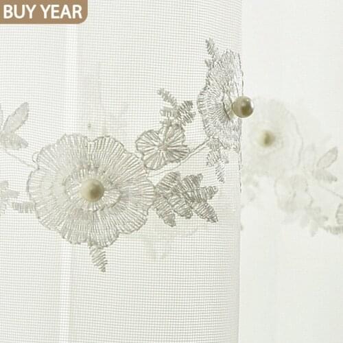 Nail Bead Screen Curtain Fabric Embroidery Flower White European Mosquito Net Curtain for Living Room Curtains Can Be Customized