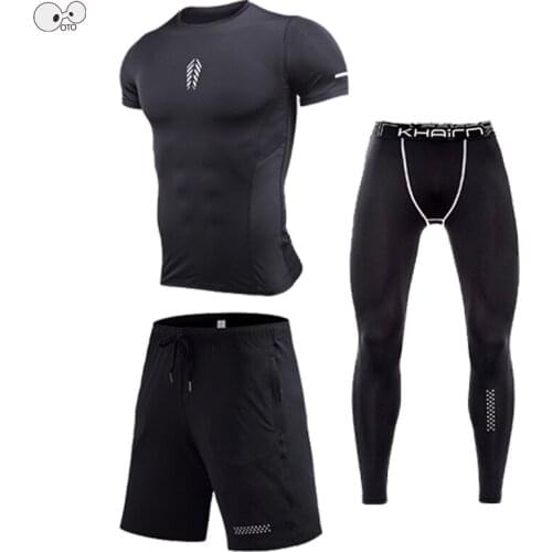 Printed Shirts+Shorts+Tights Elastic Running Set New Sportswear Men 3 Pieces Fitness Clothing Quick Dry Sport Suit Gym Tracksuit