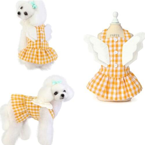 Party Dress Girls Cotton Dog Clothes Plaid Pet Dress With Angle Wing Summer Sexy Sling Dresses For Small Medium Dogs Puppy Skirt