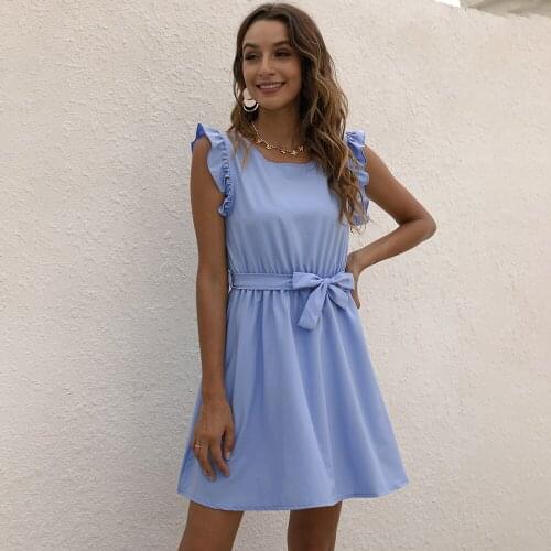 Summer Casual Ruffle Solid Mini Dress Women Fashion O-neck Sleeveless A-Line Sexy Slim Belt Office Ladies Dresses Robe Femme2021