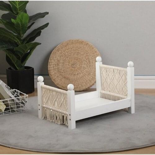 Newborn Posing Mini Bed Baby Photo Shooting Props Cotton Rope Weave Wooden Crib Infant Photograph Accessory