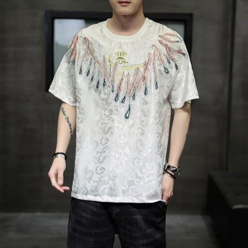Fashion Mens Chic Ice Silk Embroidery T-shirt Summer Thin Short Sleeve Top Oversize Plus Size