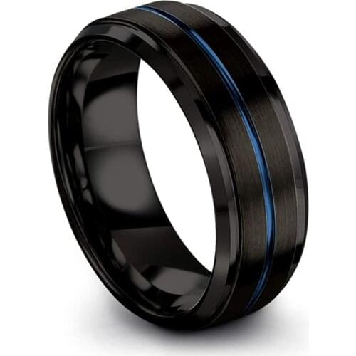 8mm Mens Black Brushed Tungsten Carbide Ring Blue Groove Beveled Edge Wedding Engagement Anniversary Ring Jewelry For Men