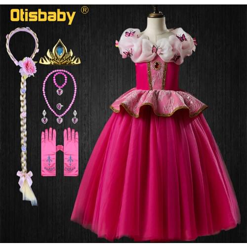 Fancy Girls Princess Pink Aurora Dress Floral Girls Sleeping Beauty Elegant Mesh Ball Gowns Children Christmas Party Costumes