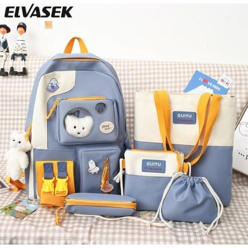 New 5Pcs/set Canvas School Backpacks Women Lovely School Bags for Teenage Girls Bookbags Students Travel Shoulder Bags Female