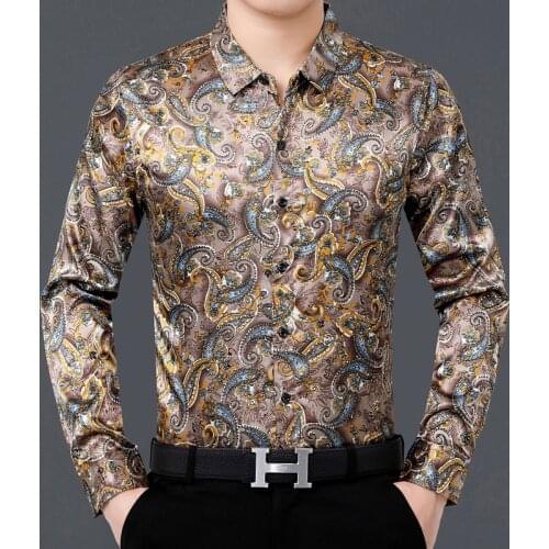 New Male Poplin Dresses Elegant Printing Man Silk Shirts Long Sleeved Satin Soft Clothes Free Shipping