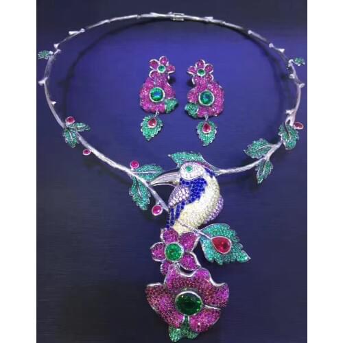 925 sterling silver big bird necklace and earring jewelry set multi color fine women jewelry wedding free shipping