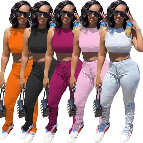Sexy Womens Solid Color Belt Flared Pants Two Piece Set Sleeveless U Neck Bodycon Tank Top + Long Pant Sets Woman Tracksuit