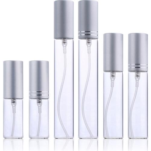 100Pcs/Lot 5ml 10ml 15ml Transparent Thin Glass Spray Bottle Sample Vials Portable Mini Perfume Atomizer Matt Silver Cap