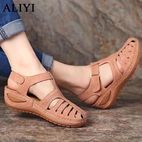 2021 Comfortable Sandals Women New Closed Toe Hook&Loop Wedge Ladies Non-Slip Shoes 35-43 Large-Sized Female Casual Sandals
