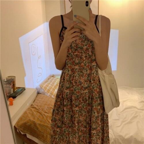 Sexy Dress Retro Floral Dress Womens Summer Loose Mid-length Temperament Was Thin Base Suspender Skirt