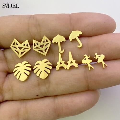 Gold Stainless Steel Leaf Earrings For Women Bohemian Fox Umbrella Ballet Earring Feather Eiffel Tower Jewelry Child Pendientes