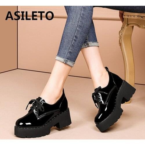 ASILETO New 2021 Ladies Pumps Round Toe 6cm Block Heels Patent Leather Thick Bottom Platform Lace-Up Classic Size 40 B2326