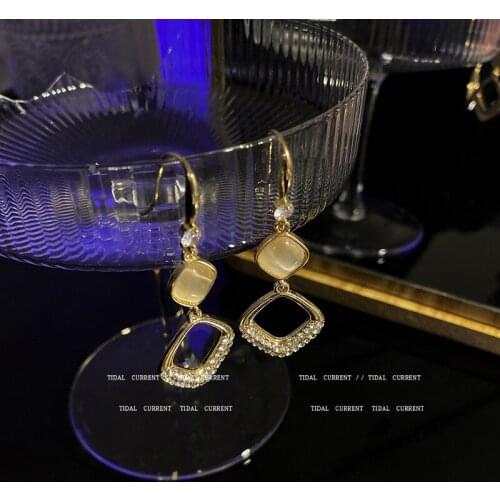 S925 Silver Hook Geometric Opal Zircon Square Drop Earrings Female Light Luxury Gold Plated Earring for Women Party Jewelry