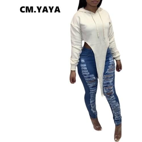CM.YAYA Women Hoodies Solid Full Sleeve Hooded Collar Draw String Loose Tops Fashion Streetwear Casual Clothing Autumn 2021