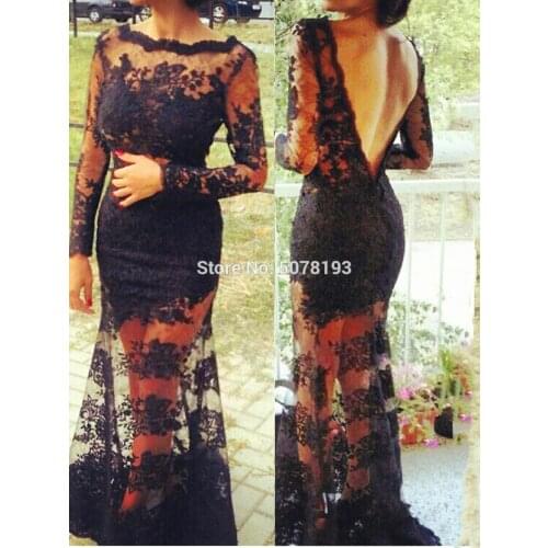 12201 fashion black natural mermaid/trumpet floor-length lace long evening dresses/party gowns open-back free shipping