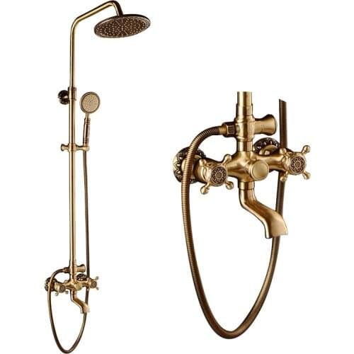 Antique Wall Mounted Shower Faucet Cold Hot Water Mixer Tap 8 Inch Shower Set Head Handheld shower Spray 1.5 Hose SEH015