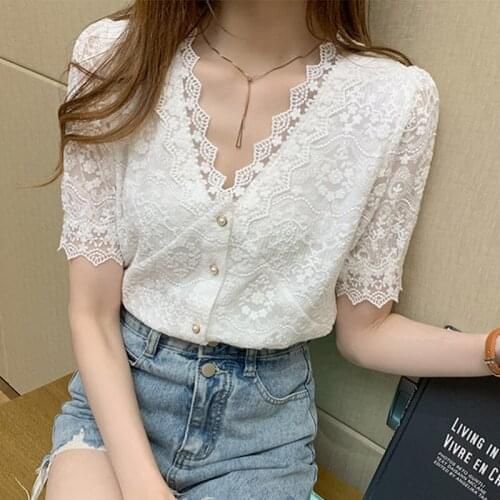 Womens Blouses 2021 Elegant Lace V-Neck Splicing Female Shirt Hollow Out Floral White Vintage Short Puff Sleeve Feminine Tops