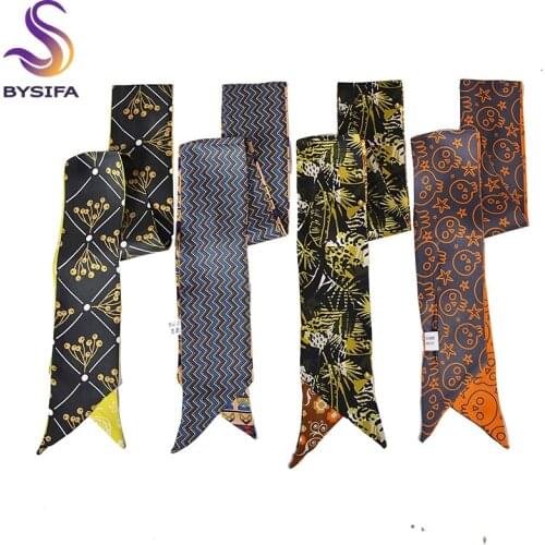 [BYSIFA] 100% Silk Scarf Womens Grey Orange Small Handle Bag Ribbons Ladies Cartoon Headband Waist band Twill Scarves & Wraps