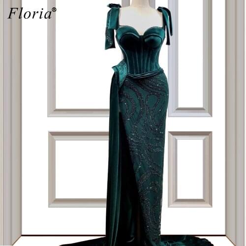 Robe De Soiree Muslim Formal Evening Dresses Long Dubai Dark Green Sequins Vestido De Festa Cocktail Party Gowns Pageant Abiye