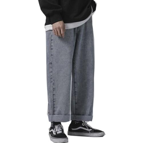 Retro washed jeans mens style loose jeans with smile face illustration hip-hop style