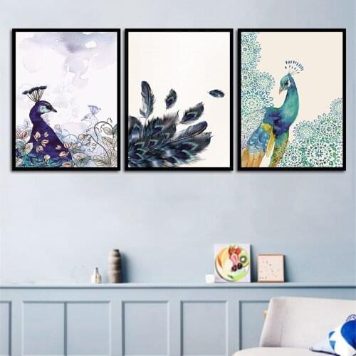 ART Peacock Art Canvas Painting Flower Feather Bird Pastoral Wall Art Print Poster Picture Living Room Home Decor Painting