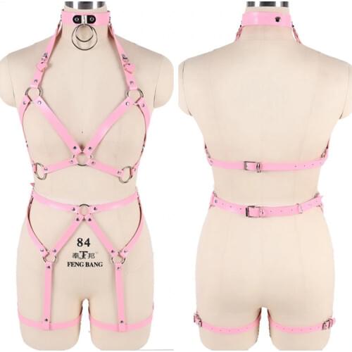 Sexy Underwear 2 Piece Leather Harness Set Pink Garter Belts Women Straps Bra Top Belts Waist Leg Body Bondage Club Pole Dance