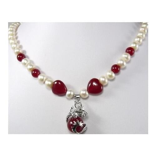 Fancy design Beautiful freshwater white pearl red jade & fancy pendant Necklace