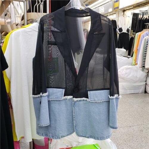 Fashion Simple Mesh Splice Contrast Color Denim Jacket Women 2021 Summer New Loose Single Button Thin Suit Jackets