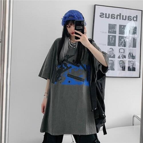 Summer mid-length cotton womens T-shirt printing Japanese large size female student T loose college style